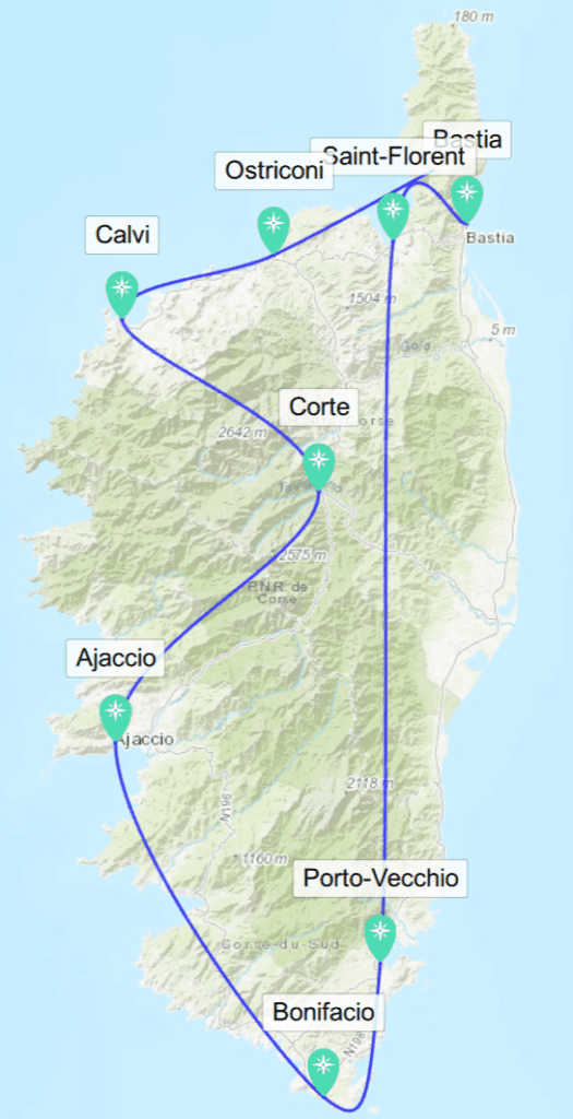 Karte mit Route durch Korsika