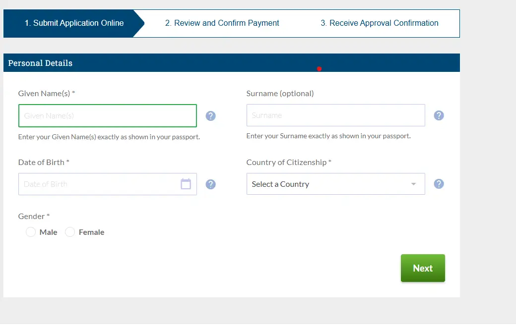 Example of a HandleVisa form for a digital visa application